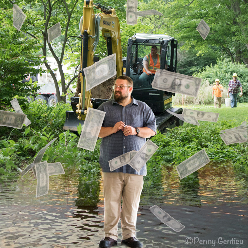 photo collage of Lucas County engineer standing in water with a bulldozer behind him, with dollars raining